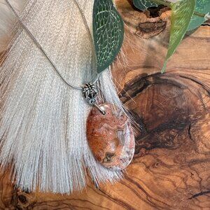 Fire Agate Oval Necklace – 18" Sterling-Coated Chain